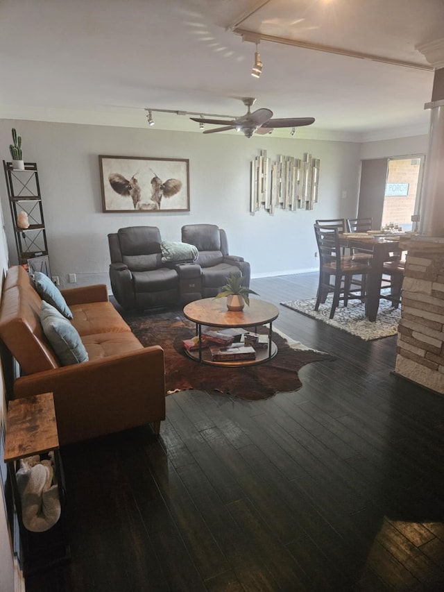 living room featuring dark wood-style floors, ornamental molding, ceiling fan, track lighting, and baseboards