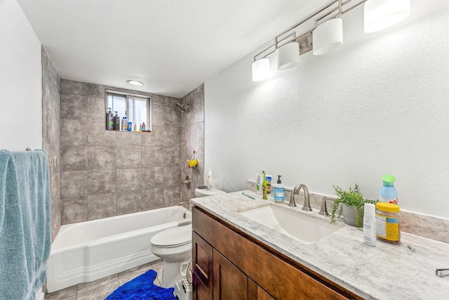 full bathroom with toilet, shower / bath combination, tile patterned flooring, and vanity