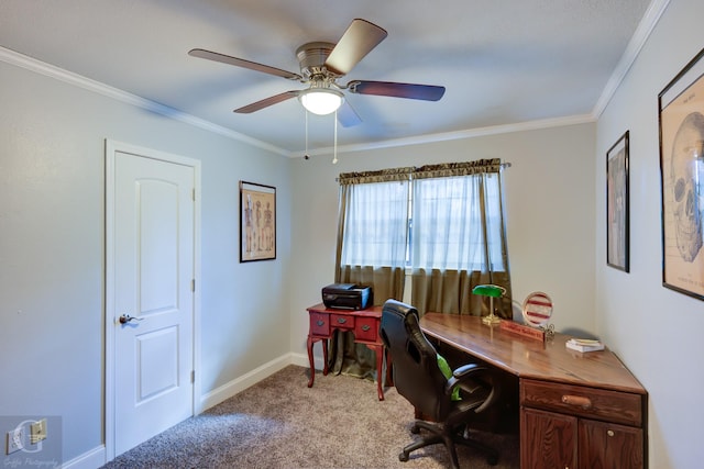 office space with baseboards, carpet flooring, a ceiling fan, and crown molding