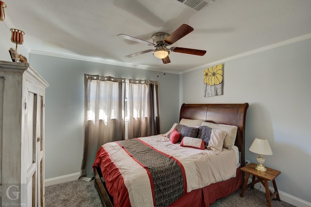 bedroom featuring baseboards, carpet, visible vents, and crown molding