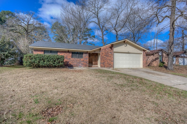 single story home with an attached garage, a front lawn, concrete driveway, and brick siding