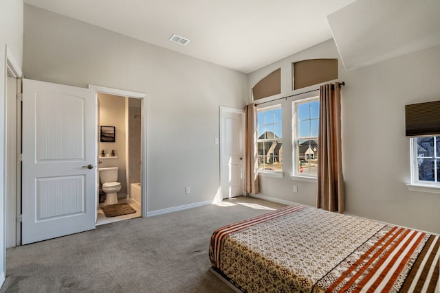 bedroom featuring carpet, visible vents, connected bathroom, and baseboards