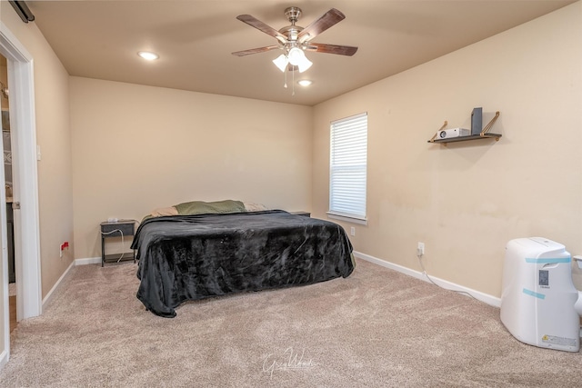 bedroom featuring carpet floors, ceiling fan, baseboards, and recessed lighting