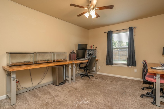 carpeted home office with baseboards and a ceiling fan