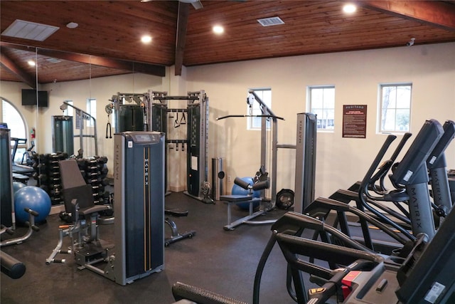 gym with visible vents, recessed lighting, wood ceiling, and a ceiling fan