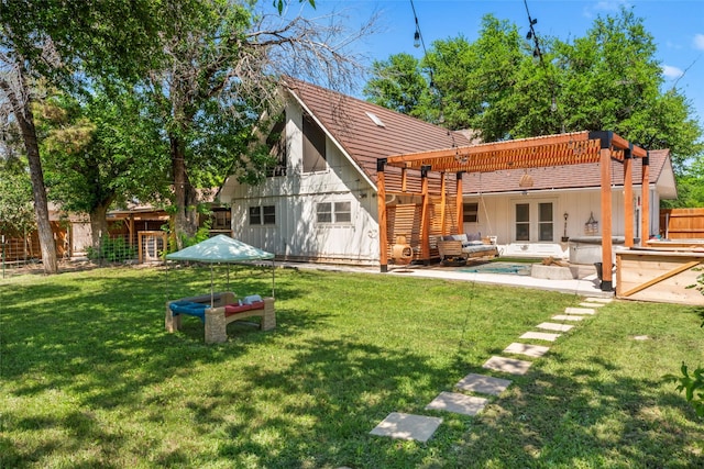 1258 Canterbury Dr, Abilene, TX 79602 - back of house featuring a pergola, board and batten siding, a patio area, french doors, and outdoor lounge area