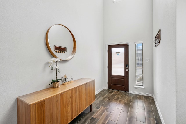 entryway with baseboards and wood finish floors