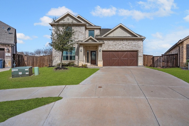 view of front of property with stone siding, concrete driveway, a front yard, and fence