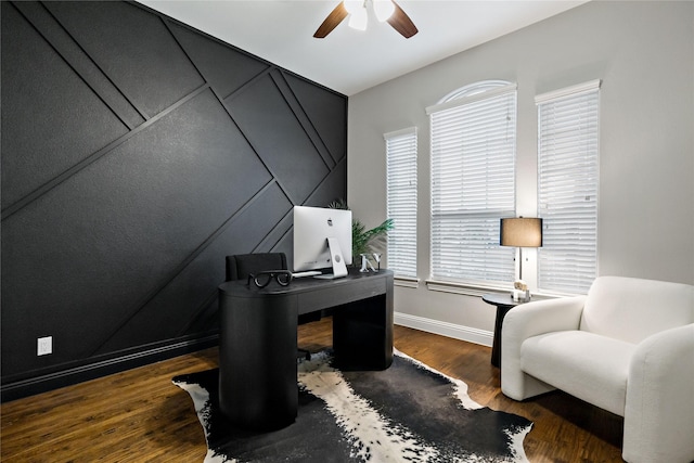 home office with ceiling fan, wood finished floors, and baseboards