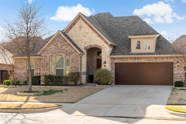 french country home with a shingled roof, brick siding, and driveway