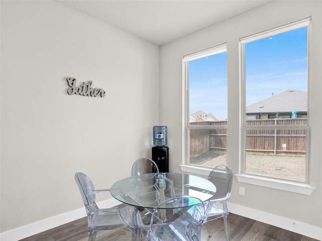 dining space featuring wood finished floors and baseboards