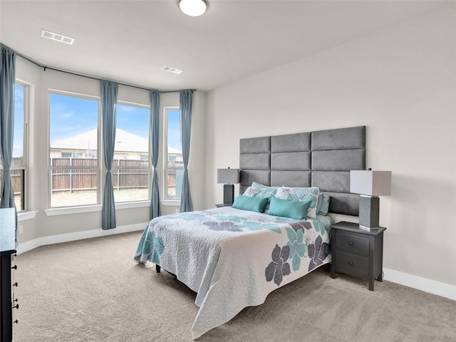 bedroom with carpet floors, baseboards, and visible vents