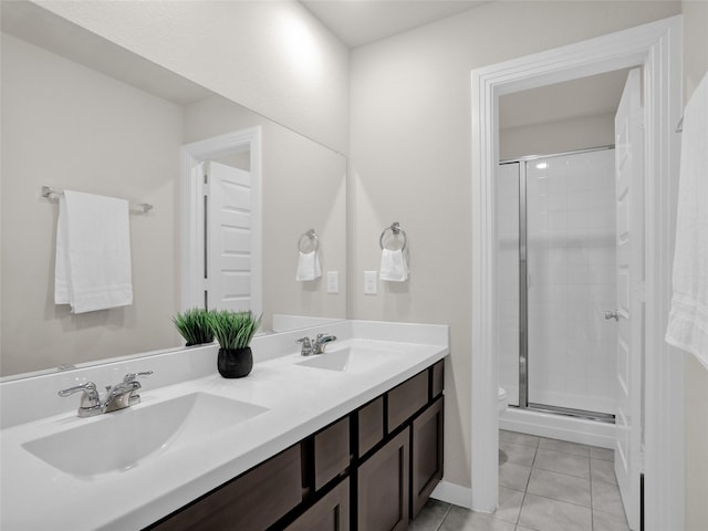 full bath featuring a stall shower, tile patterned flooring, a sink, and toilet