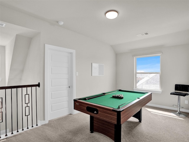 game room featuring vaulted ceiling, pool table, carpet flooring, and visible vents