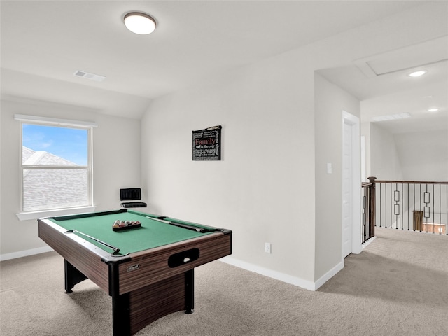 rec room with carpet, lofted ceiling, pool table, visible vents, and baseboards