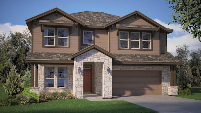 craftsman-style home featuring an attached garage, stone siding, a shingled roof, and concrete driveway