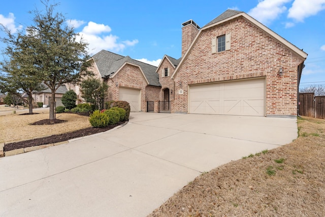 view of front of property with concrete driveway, a chimney, an attached garage, fence, and brick siding