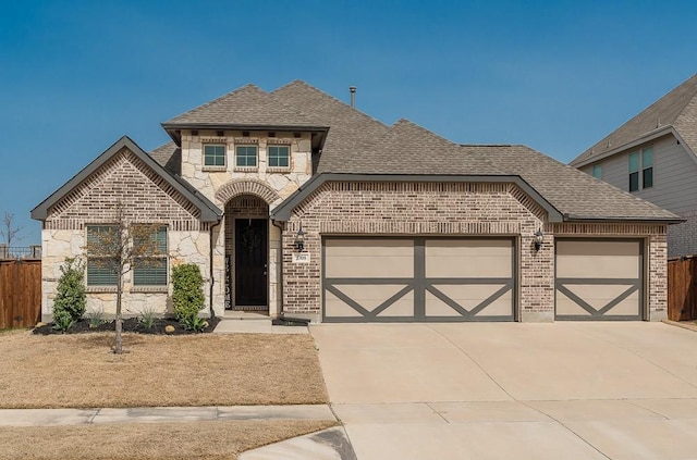 french provincial home with an attached garage, a shingled roof, concrete driveway, and brick siding