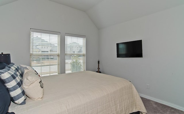 bedroom featuring carpet flooring, vaulted ceiling, and baseboards