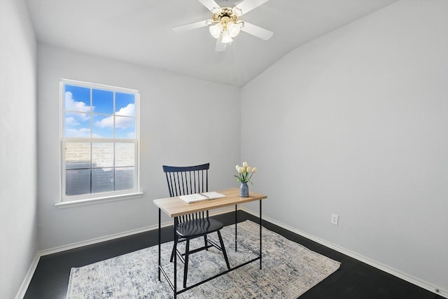 2725 Calmwater Dr, Little Elm, TX 75068 - empty room with baseboards, a ceiling fan, vaulted ceiling, and dark wood-style floors