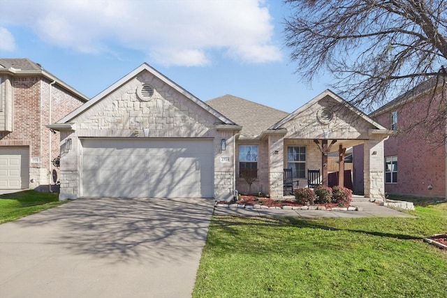 view of front of house featuring a garage, a front yard, stone siding, and concrete driveway
