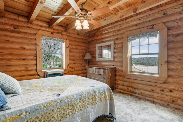 bedroom featuring carpet, wood ceiling, and beam ceiling