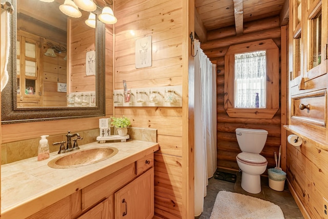 bathroom featuring wooden ceiling, toilet, a notable chandelier, vanity, and rustic walls