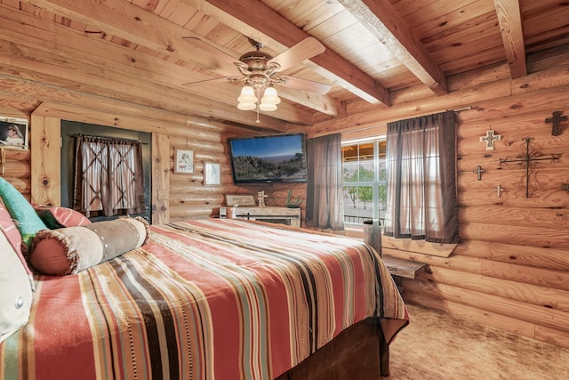 bedroom with a ceiling fan, wooden ceiling, and beamed ceiling