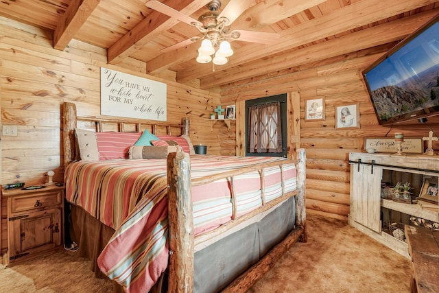 bedroom featuring carpet floors, beamed ceiling, rustic walls, and wood ceiling