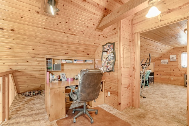 office featuring vaulted ceiling, wood ceiling, carpet flooring, and wood walls