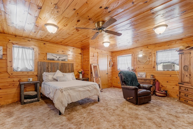 bedroom with wooden walls, cooling unit, wood ceiling, and light colored carpet