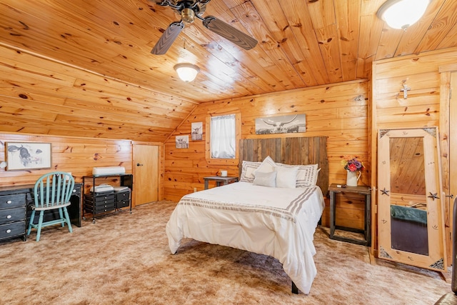 bedroom with carpet floors, lofted ceiling, wooden ceiling, and wood walls