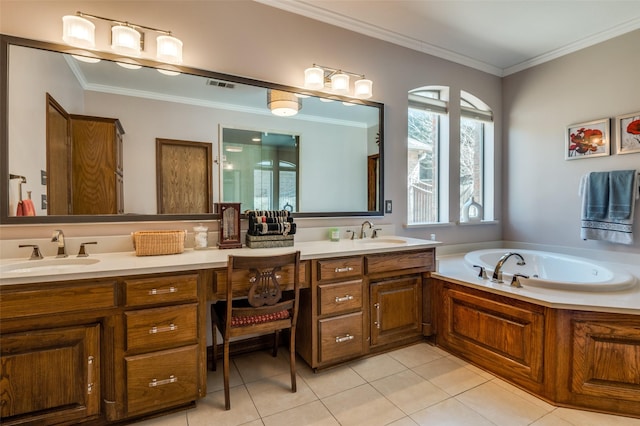 bathroom with double vanity, ornamental molding, a sink, and visible vents