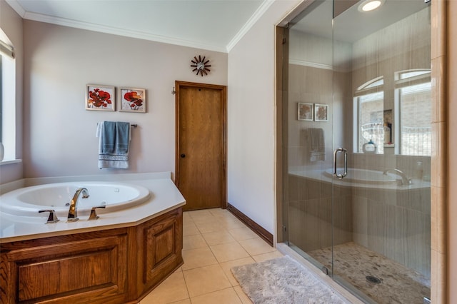 full bath featuring tile patterned flooring, crown molding, a shower stall, and a bath