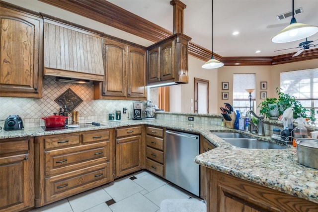 kitchen featuring black electric cooktop, a sink, visible vents, ornamental molding, and stainless steel dishwasher