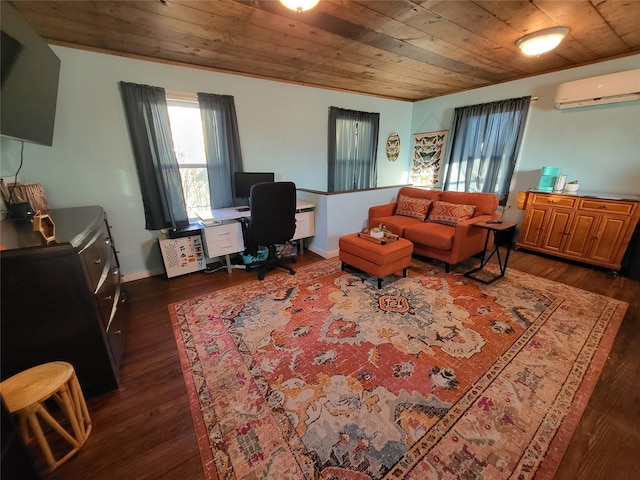 living room with dark wood-type flooring, a wall mounted AC, wooden ceiling, and baseboards