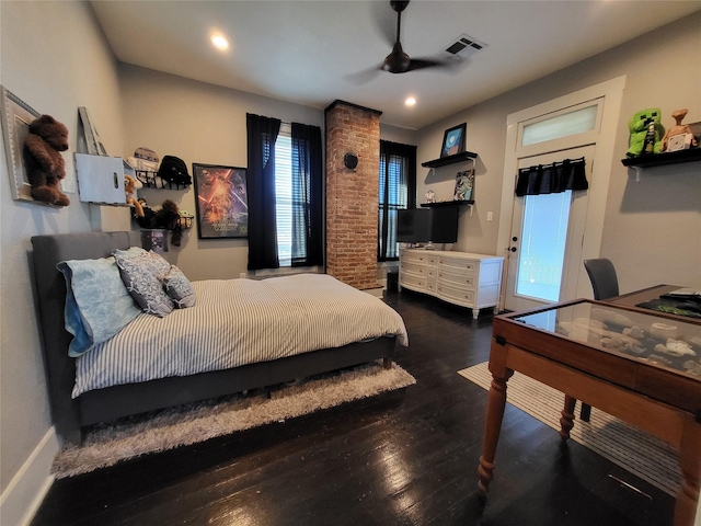 bedroom with recessed lighting, visible vents, a ceiling fan, wood finished floors, and baseboards