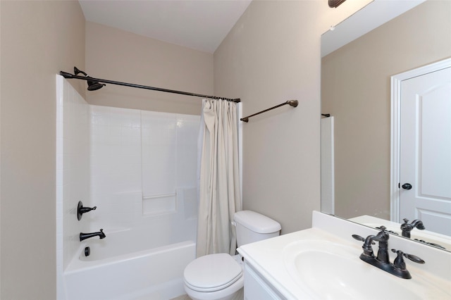 bathroom featuring toilet, shower / bath combination with curtain, and vanity