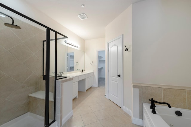 full bathroom with double vanity, a stall shower, visible vents, a garden tub, and tile patterned flooring