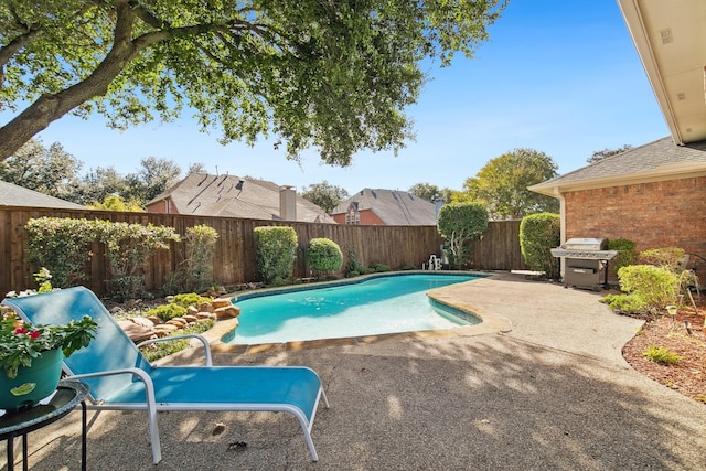 view of swimming pool featuring a fenced in pool, a patio area, grilling area, and a fenced backyard