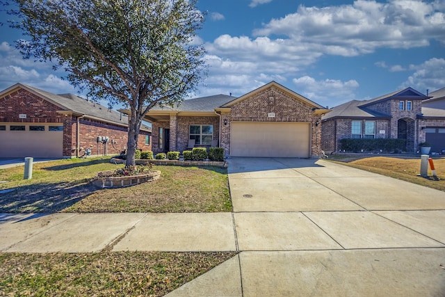 view of front facade with brick siding, concrete driveway, a garage, and a front yard