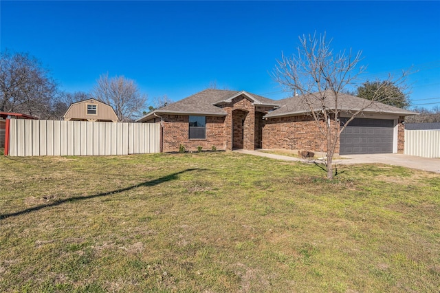 single story home with an attached garage, brick siding, fence, driveway, and a front lawn