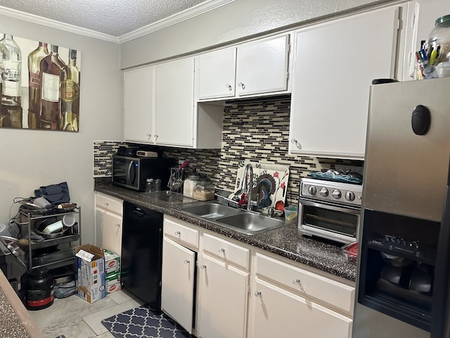 kitchen with a textured ceiling, a sink, black dishwasher, stainless steel fridge, and crown molding