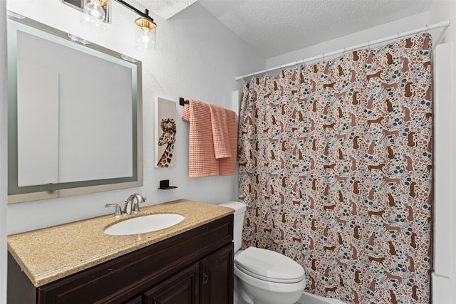 bathroom with toilet, a textured ceiling, vanity, and a shower with curtain