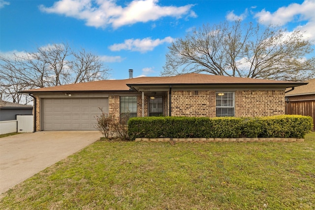 ranch-style home featuring fence, concrete driveway, a front lawn, a garage, and brick siding