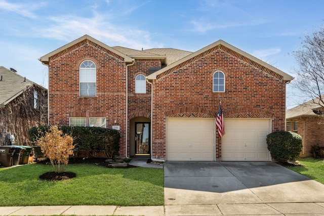 traditional home featuring a garage, concrete driveway, brick siding, and a front yard