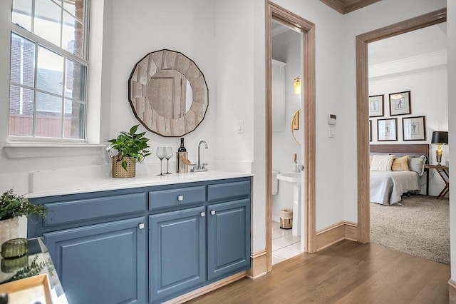 bathroom featuring ornamental molding, wood finished floors, a sink, and baseboards