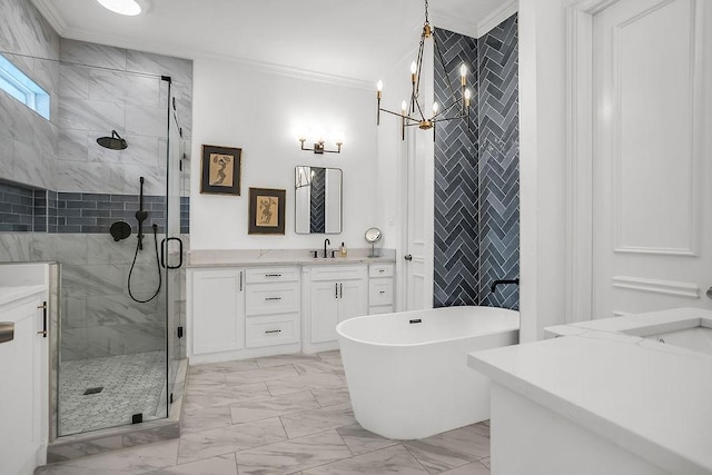 bathroom with ornamental molding, a stall shower, marble finish floor, and vanity