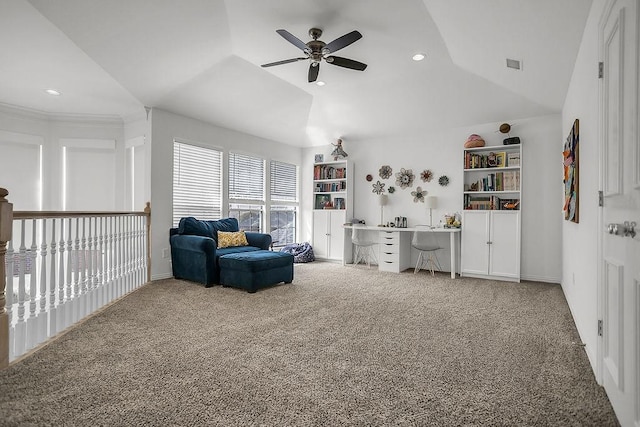 sitting room featuring recessed lighting, carpet flooring, visible vents, a ceiling fan, and vaulted ceiling