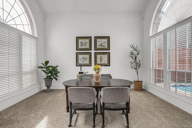 dining space with ornamental molding, plenty of natural light, and baseboards